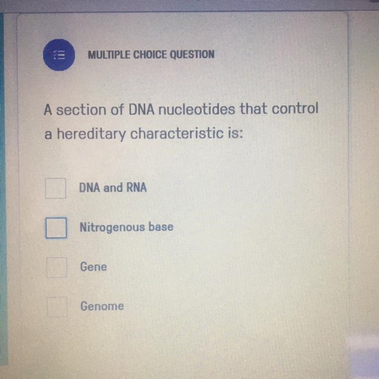 A section of DNA nucleotides that control a hereditary characteristic is?-example-1