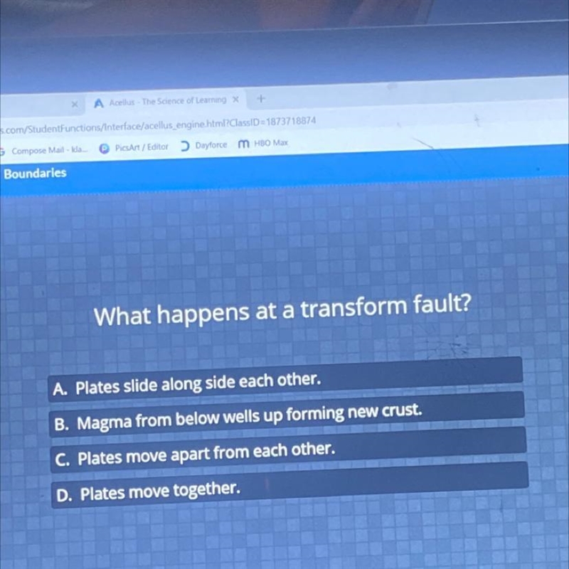 What happens at a transform fault? A. Plates silde along side each other. B. Magma-example-1