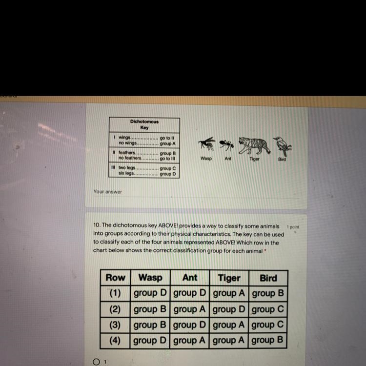 The dichotomous key provides a way to classify some animals into groups according-example-1