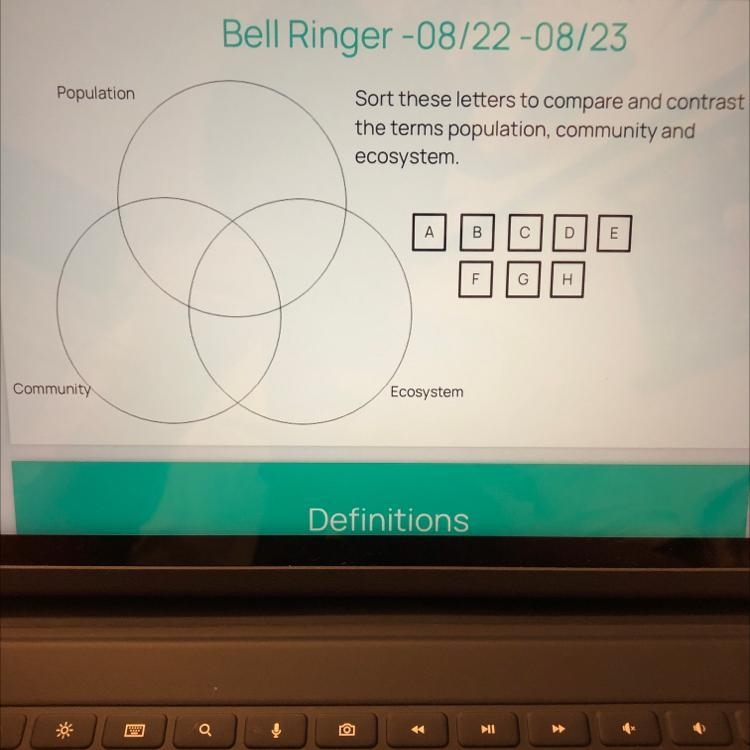 Sort these letters to compare and contrast terms population, community and ecosystem-example-1