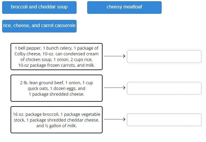 Match the meal to its grocery list.-example-1