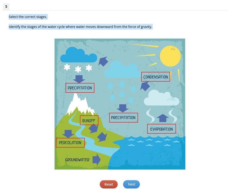 Identify the stages of the water cycle where water moves downward from the force of-example-1