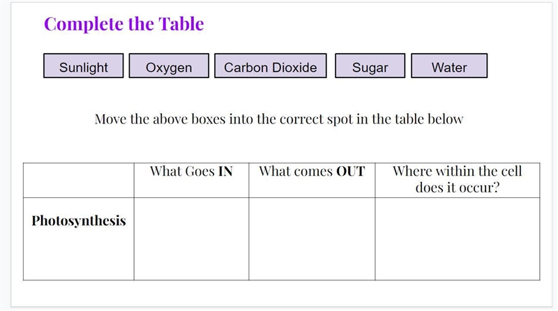 Photosynthesis, What goes in, What goes out, and Where within the cell does it occur-example-1