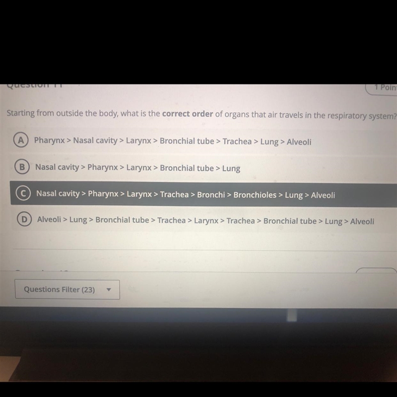Starting from the outside the body, what is the correct order of organs that air travels-example-1