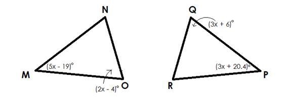 In the figure below, ΔMNO≅ΔPQR.What is the measure of ∠P? Show your work and explain-example-1