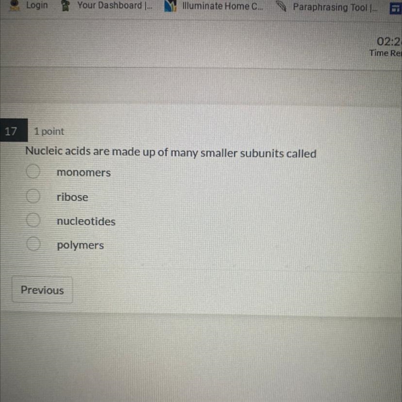 Nucleic acids are made up of many smaller subunits called A. monomers B. ribose C-example-1