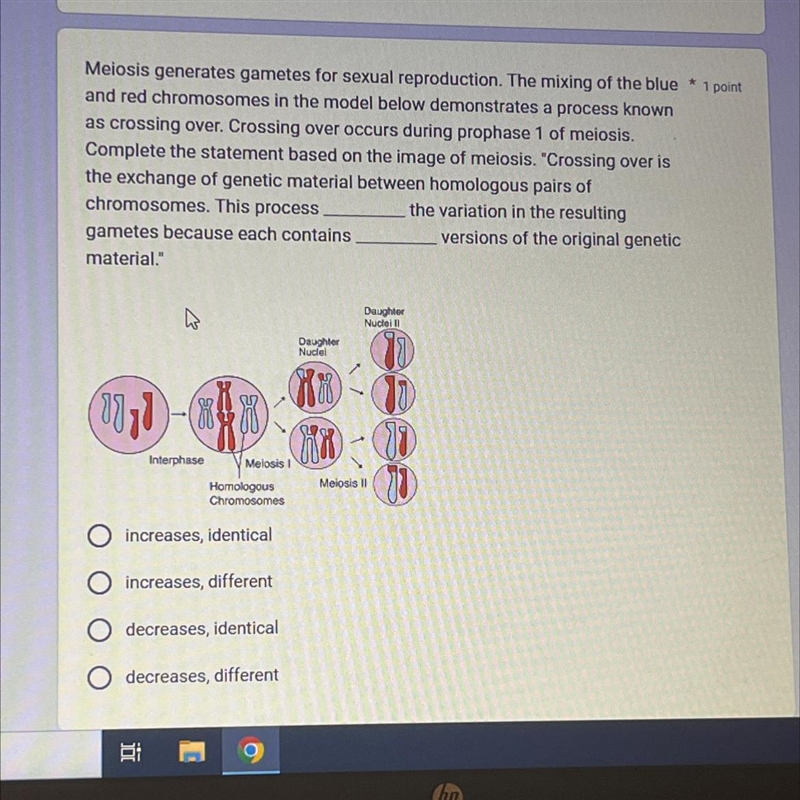 Meiosis generates gametes for sexual reproduction. The mixing of the blue * 1 point-example-1