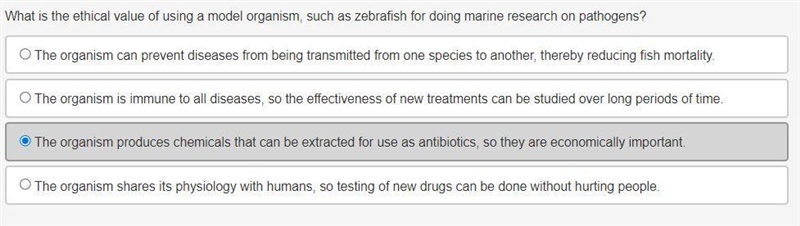 What is the ethical value of using a model organism, such as zebrafish for doing marine-example-1