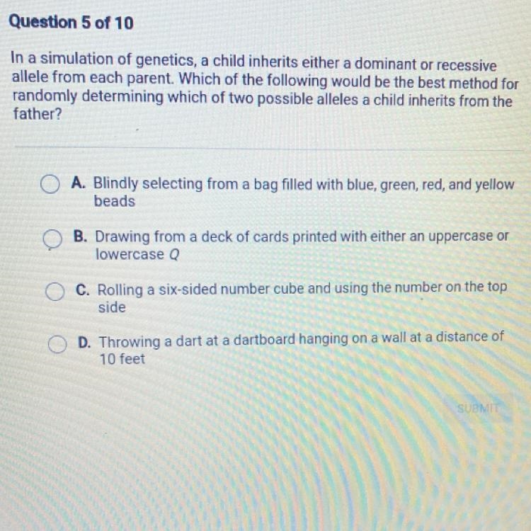 In a simulation of genetics, a child inherits either a dominant or recessiveallele-example-1