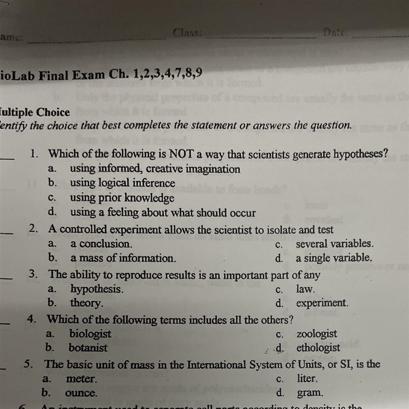 Which of the following is NOT a way that scientists generate hypotheses? Question-example-1