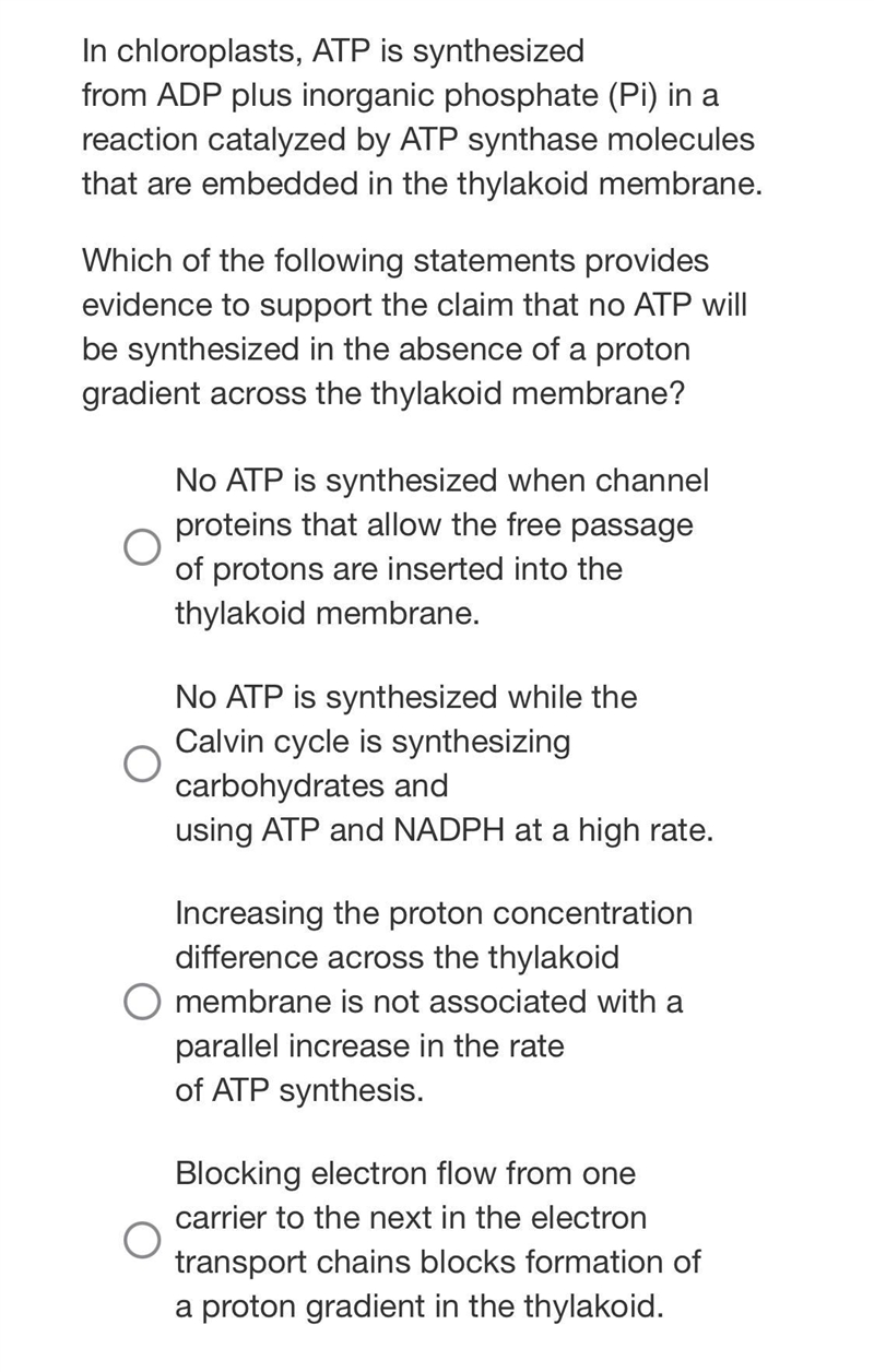 In chloroplasts, ATP is synthesized from ADP plus inorganic phosphate (Pi) in a reaction-example-1