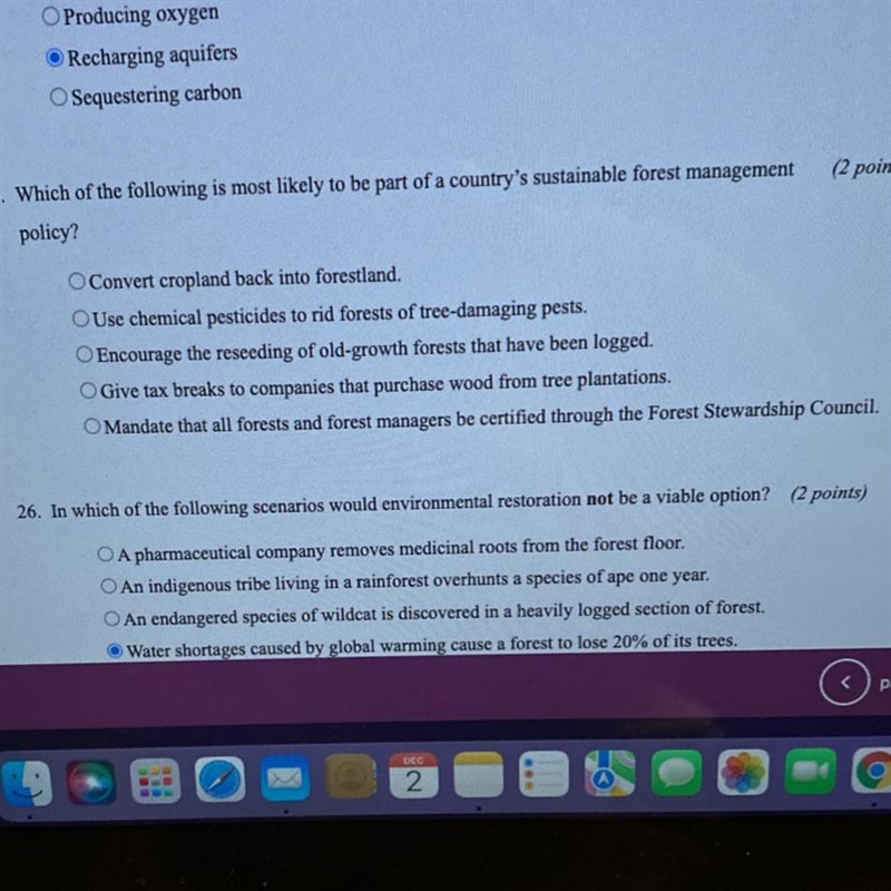 Which of the following is most likely to be part of a country's sustainable forest-example-1