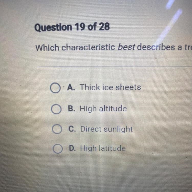 Which characteristic best describes a tropical climate zone?-example-1