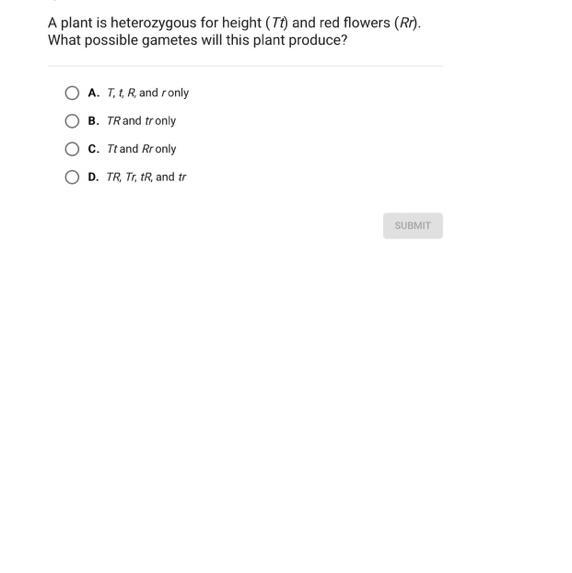 A plant is heterozygous for height (Tt) and red flowers (Rr).What possible gametes-example-1