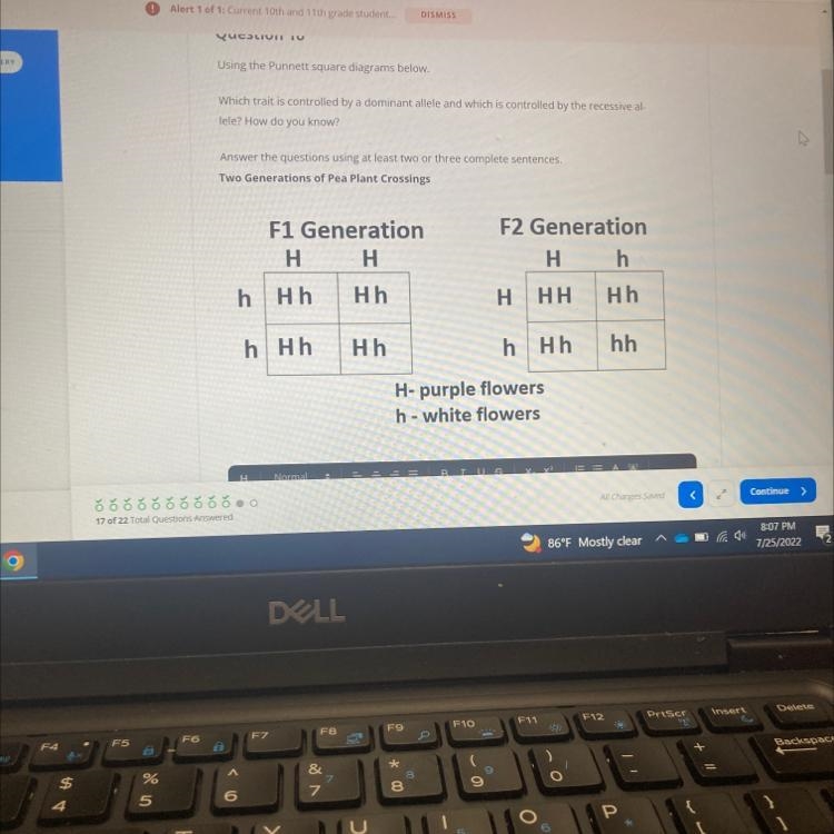 Using the Punnett square diagrams below.Which trait is controlled by a dominant allele-example-1