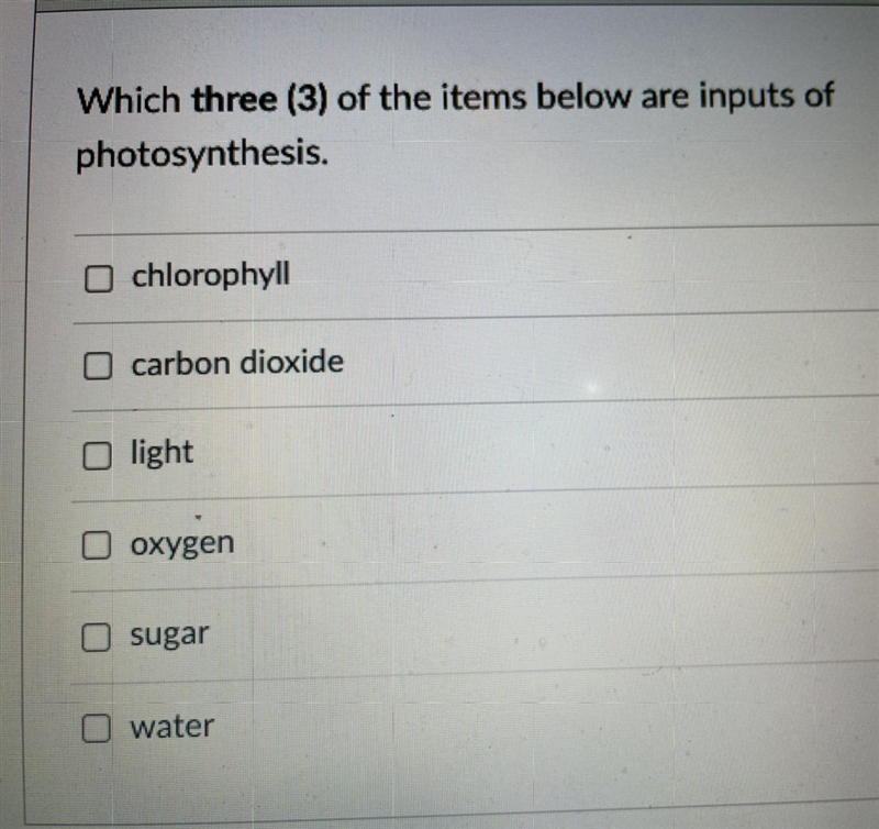 Which three of the items below are inputs of the photosynthesis.-example-1