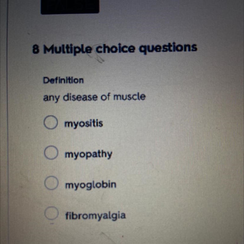 Definition any disease of muscle A . myositis B . myopathy C . myoglobin D . fibromyalgia-example-1