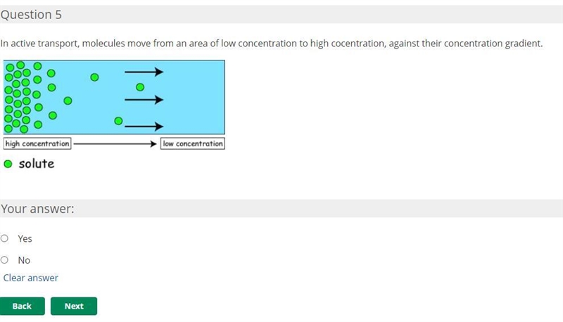 In active transport, molecules move from an area of low concentration to high concentration-example-1