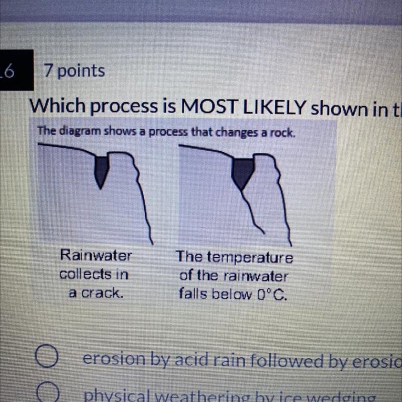 Which process is MOST LIKELY shown in the diagram? erosion by acid rain followed by-example-1