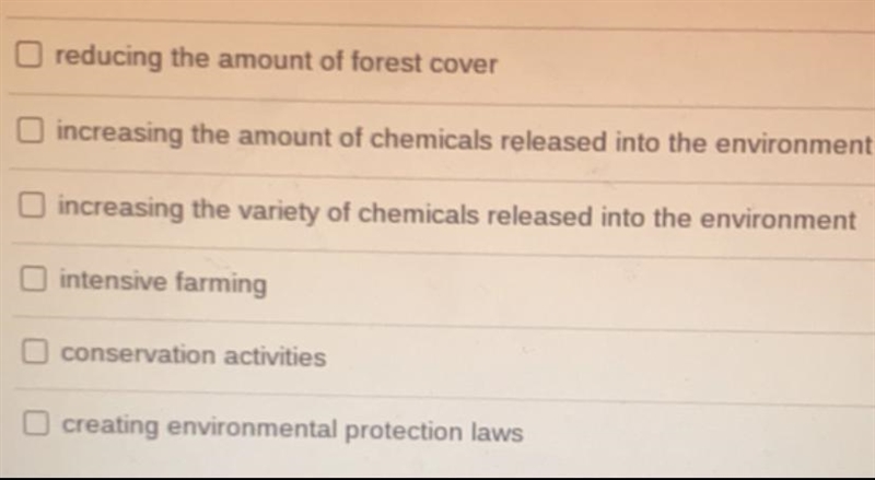 Human activities have changed Earth’s land, oceans, and atmosphere. Examples of activities-example-1