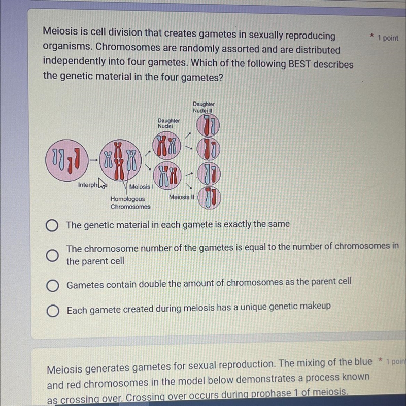 Meiosis is cell division that creates gametes in sexually reproducing organisms. Chromosomes-example-1