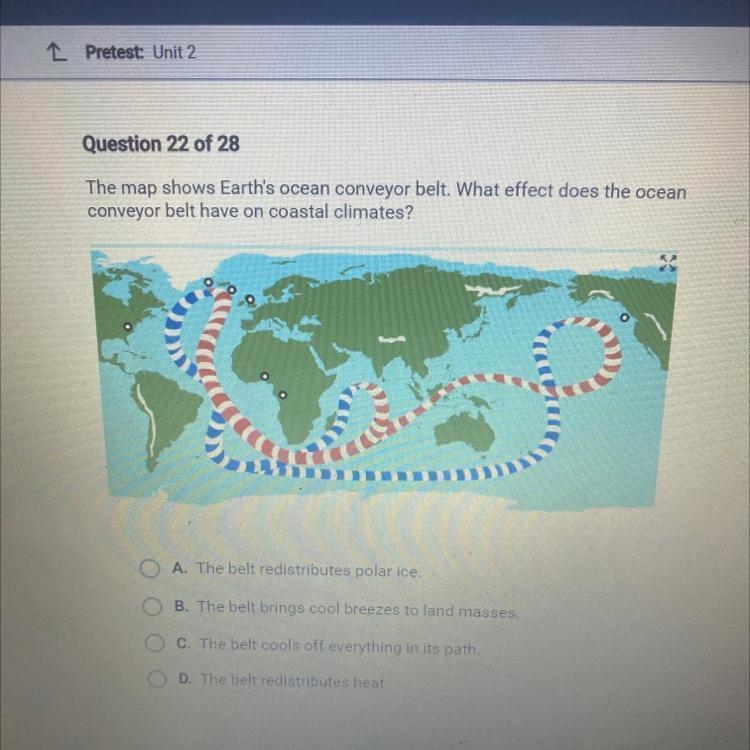 The map shows Earth's ocean conveyor belt. What effect does the ocean conveyor belt-example-1