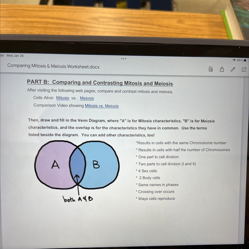 Then, draw and fill in the Venn Diagram, where "A" is for Mitosis characteristics-example-1