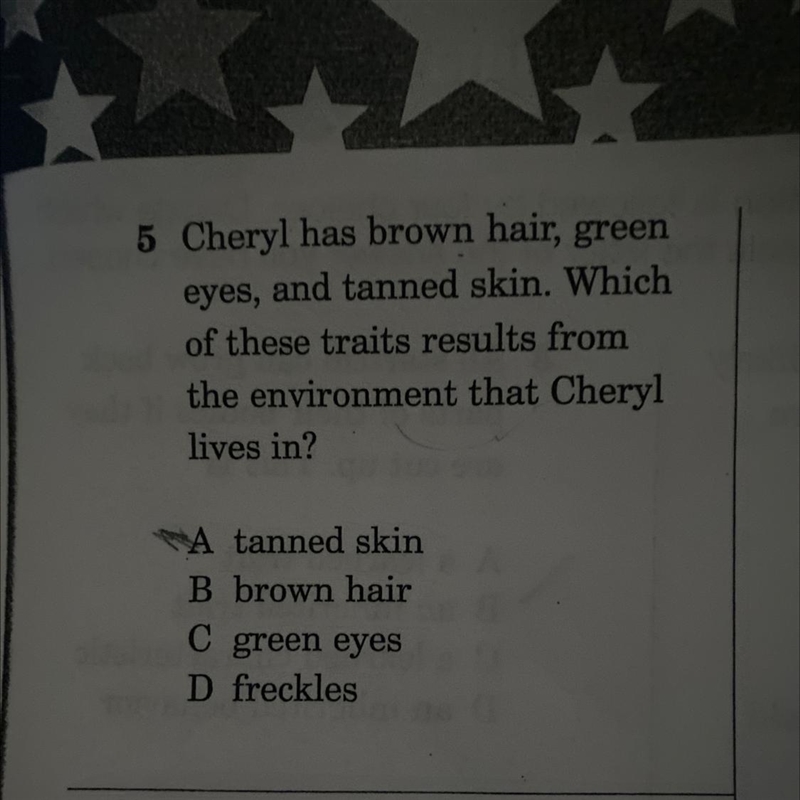 5 Cheryl has brown hair, green eyes, and tanned skin. Which of these traits results-example-1