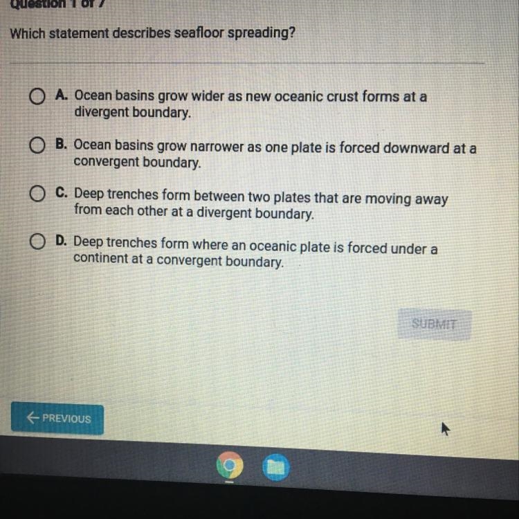 Which statement describes seafloor spreading?-example-1