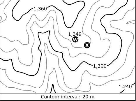 Because of erosion over time, Location W on the topographic map will have the same-example-1