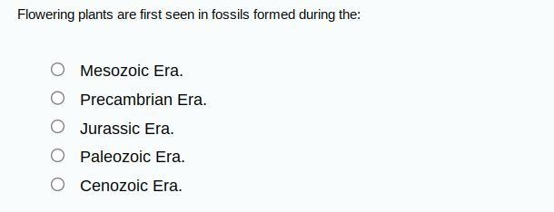 Flowering plants are first seen in fossils formed during the:-example-1