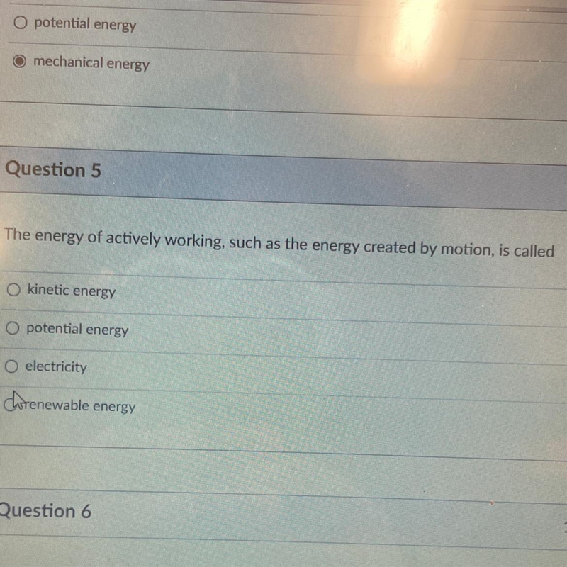 The energy of actively working, such as the energy created by motion, is called-example-1