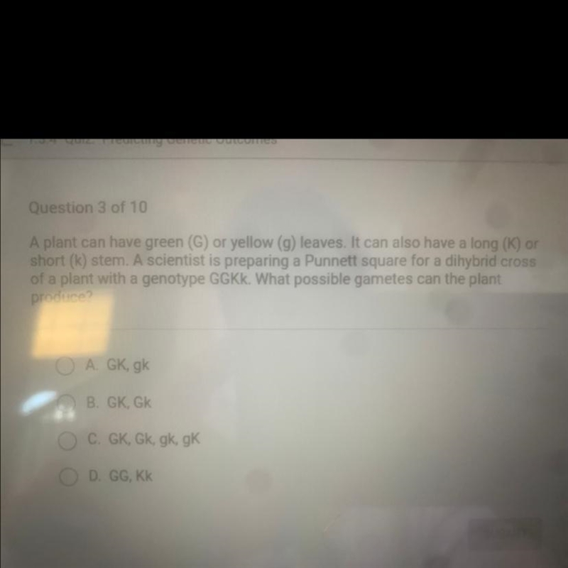 Question 3 of 10 A plant can have green (G) or yellow (9) leaves. It can also have-example-1