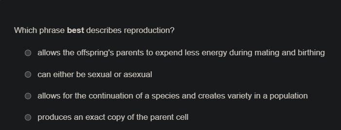 Which phrase best describes reproduction? Responses allows the offspring's parents-example-1