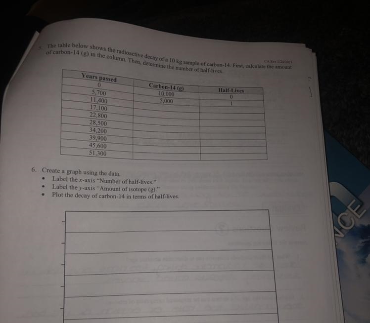 The table below shows the radioactive decay of 10kg sample of carbon-14 First , calculate-example-1