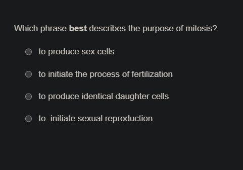 Which phrase best describes the purpose of mitosis?-example-1