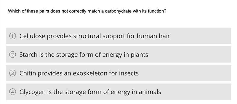 Which of these pairs does not correctly match a carbohydrate with its function?-example-1