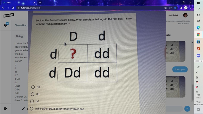 Look at the Punnett square below. What genotype belongs in the first boxwith the red-example-1