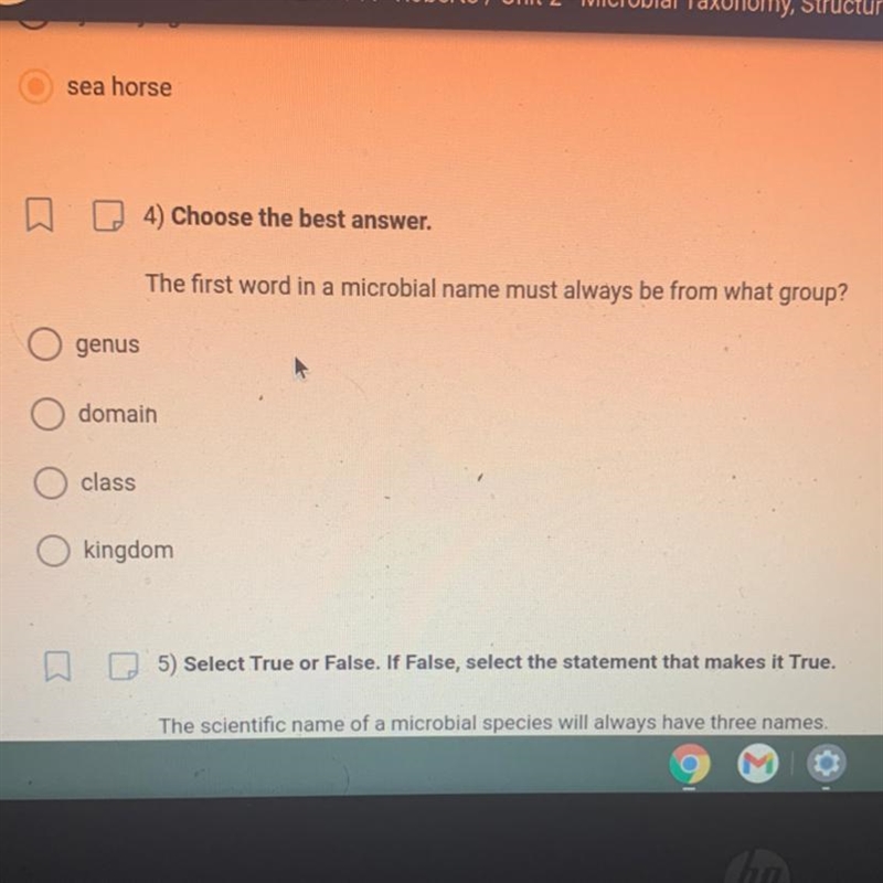 The first word in a microbial name must always be from what group?-example-1