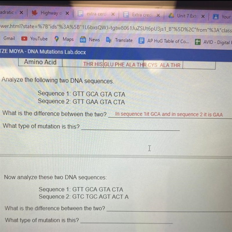 Analyze the following two DNA sequences Sequence 1 GTT GCA GTA CTA Sequence 2 GTT-example-1