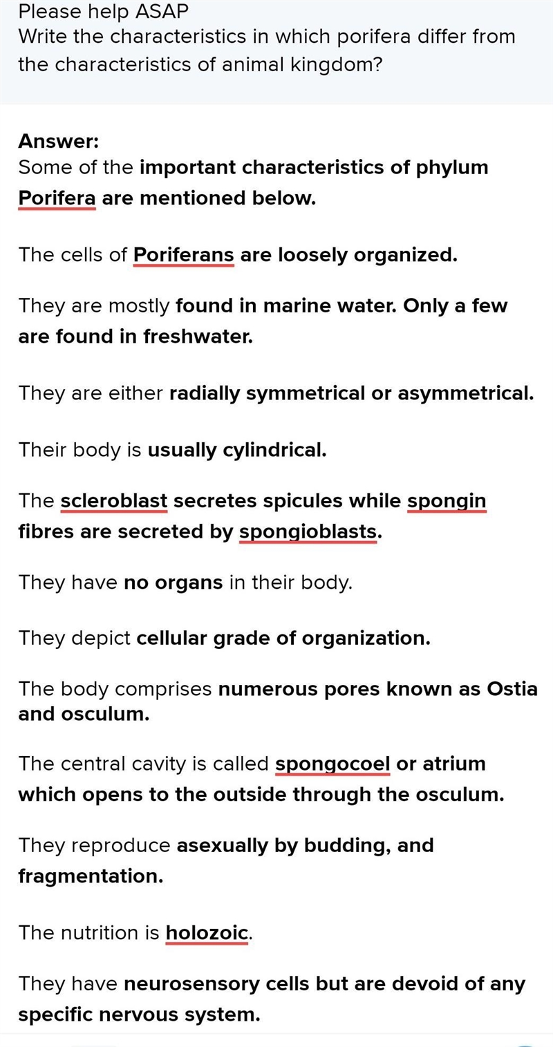 Please help ASAP Write the characteristics in which porifera differ from the characteristics-example-1