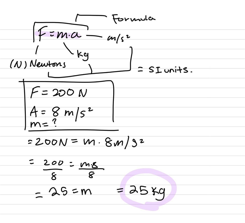 What is the mass of a crate if a force of 200 N causes it to accelerate at 8 m/s2? (Formula-example-1