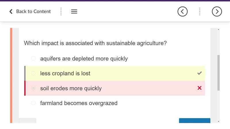 Which impact is associated with sustainable agriculture? Responses (A.) aquifers are-example-1