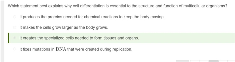 Which statement best explains why cell differentiation is essential to the structure-example-1