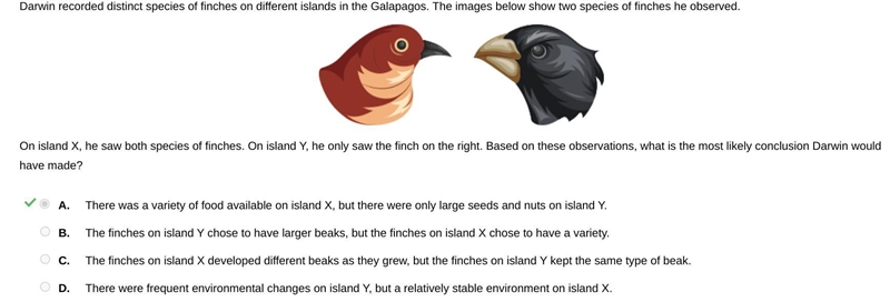 Darwin recorded distinct species of finches on different islands in the Galapagos-example-1