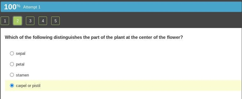 Which of the following distinguishes the part of the plant at the center of the flower-example-1