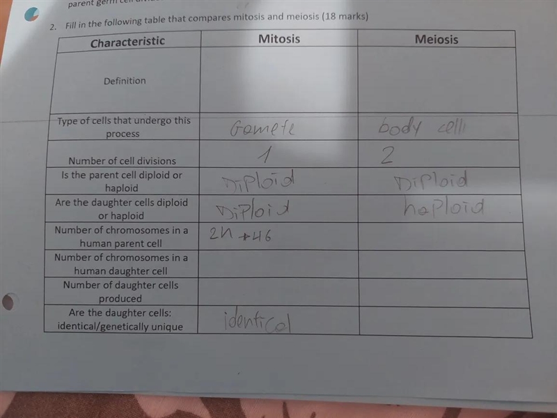 . Fill in the following table that compares mitosis and meiosis-example-1