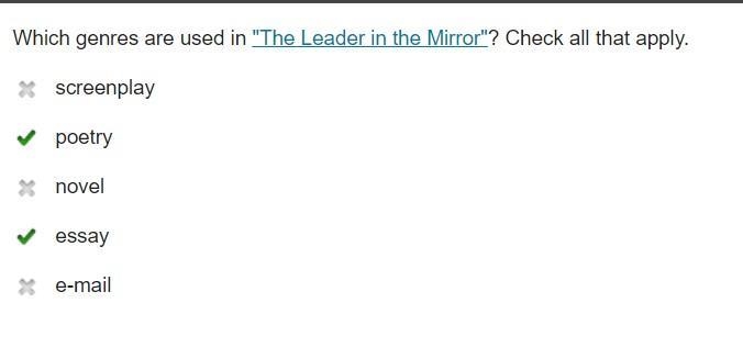 Which genres are used in the leader in the mirror? check all that apply.-example-1