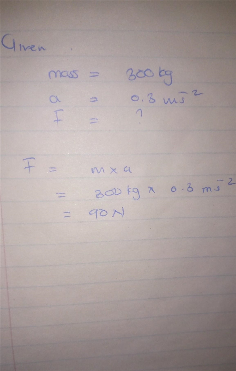 a carnival bumper car with a mass of 300 kg accelerates at 0.3 m/s^2 towards a wall-example-1