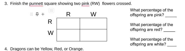 3. Finish the Punnett square showing two pink (RW) flowers crossed.-example-1